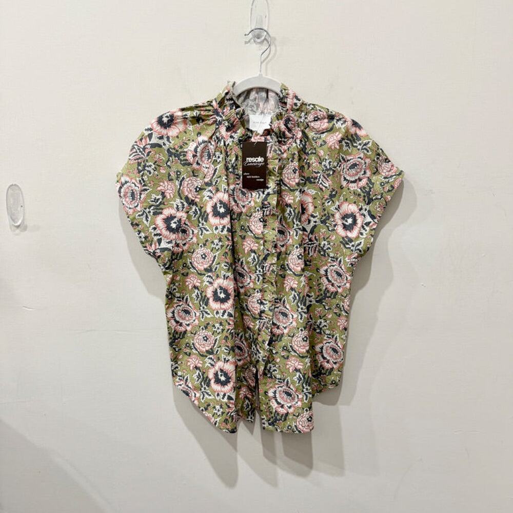 Sundays 100% Cotton Floral Ruffle High Neck Blouse Top Green/Pink Women's Size M
